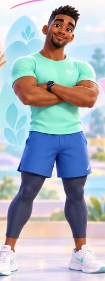 Kai, a LifeForge movement instructor wearing teal and blue workout clothes