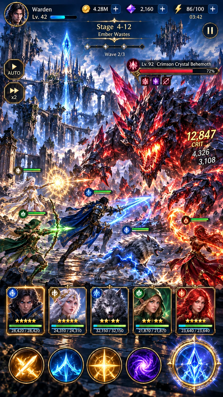 Concept battle with a giant red crystal behemoth