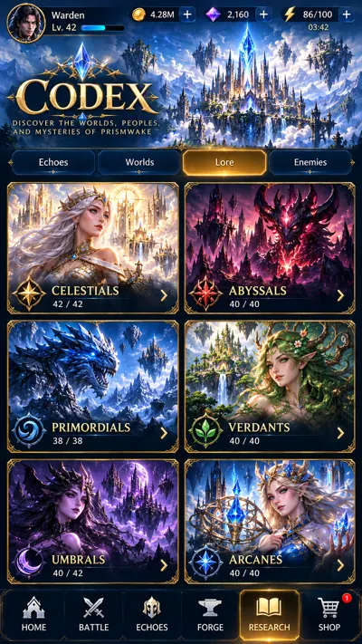 World lore and faction codex tiles concept