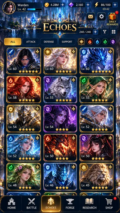 Echo character roster of mages, warriors, dragons and woodland heroes