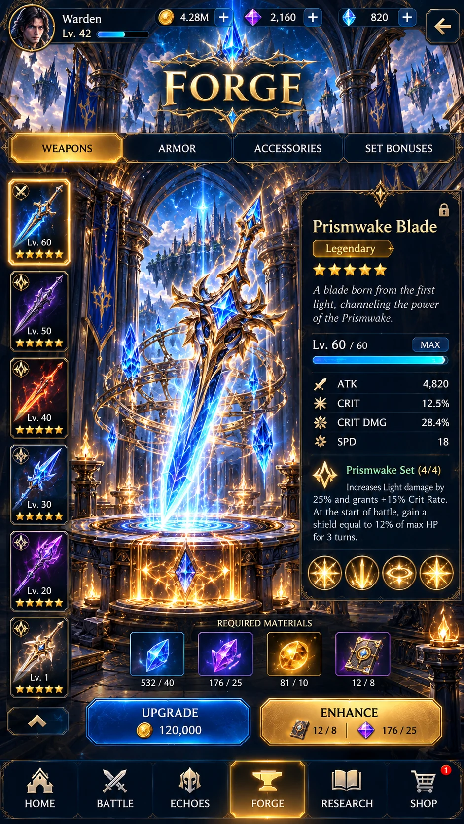 Legendary blue crystal blade inside the Forge