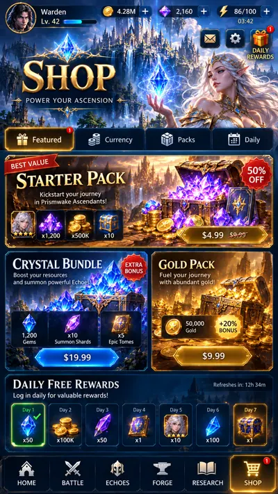 Concept art showing a fantasy themed shop interface; prices and offers are not final