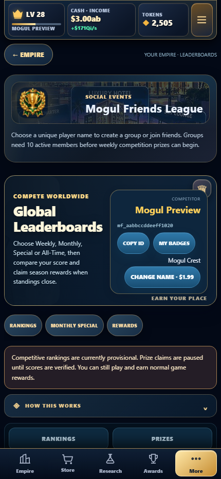 Mogul Forge global leaderboards and Friends League